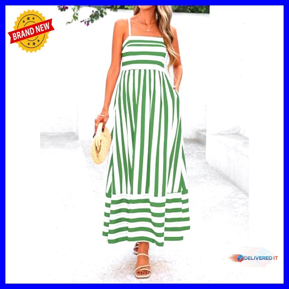 Spaghetti Strap Maxi Dress Boho Floral Striped Wedding Guest Beach Vacation - Picture 2 of 7